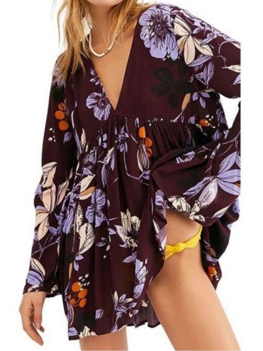 Free People Plum Floral V-Neck Long Sleeve Tunic
